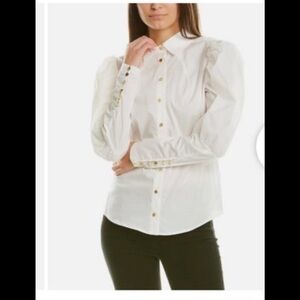 Nicole Miller White long Sleeve Gold Button Blouse